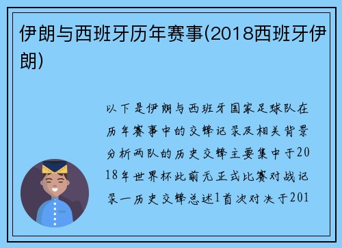 伊朗与西班牙历年赛事(2018西班牙伊朗)